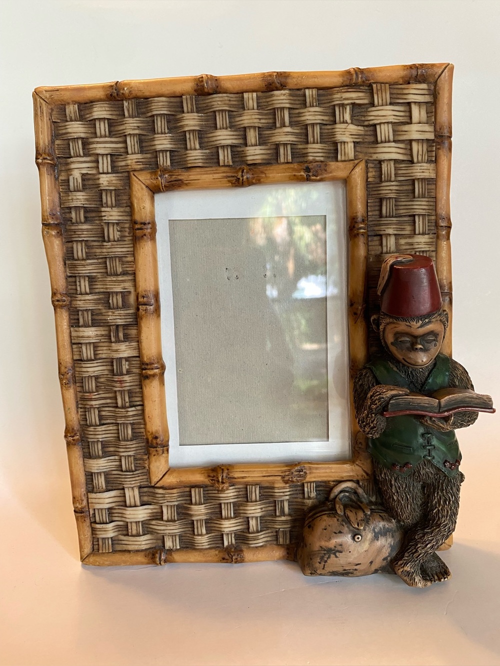 Hollywood Regency Building VTG Picture Frame Faux Bamboo Monkey Boho Tiki 3.5x5